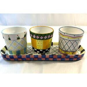 Ceramic Planter Set of 3 w Tray Colorful Geometric Pottery Garden Decor